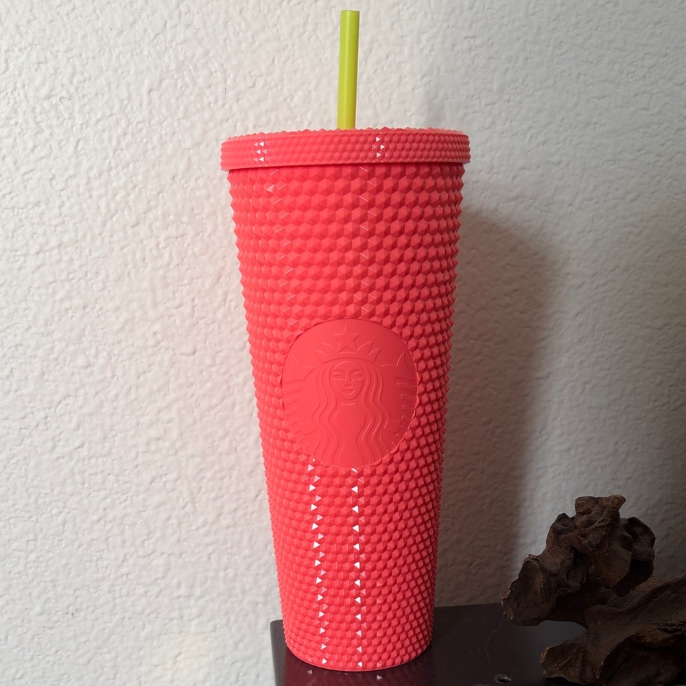 Starbucks Neon Coral Textured Bling Studded Venti Tumbler with Yellow Straw